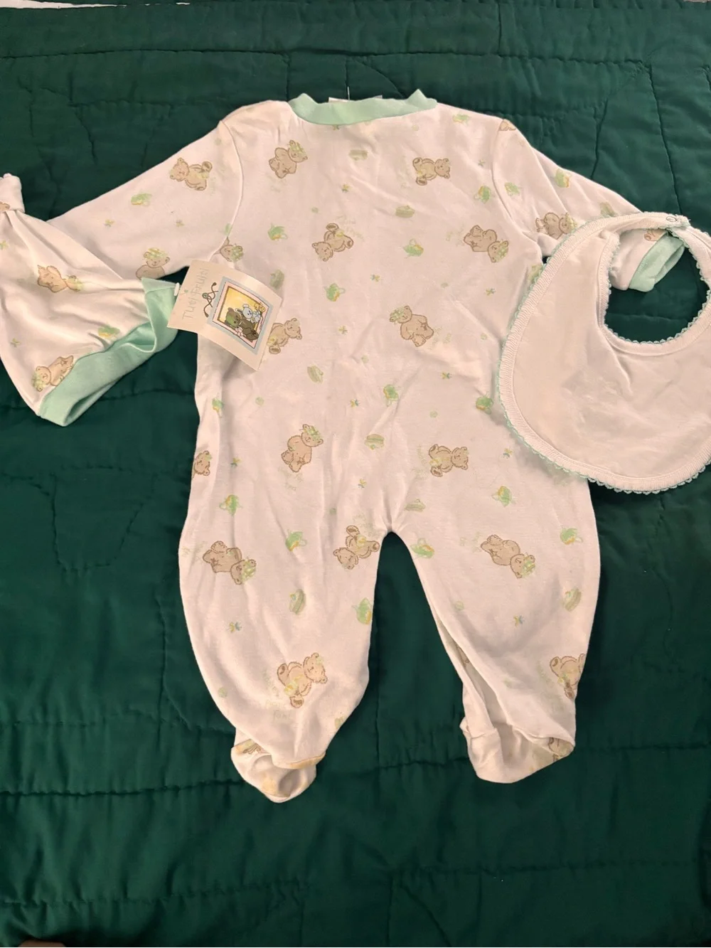 Soft White and Mint Baby One-Piece Footed Sleeper with Bib and Hat